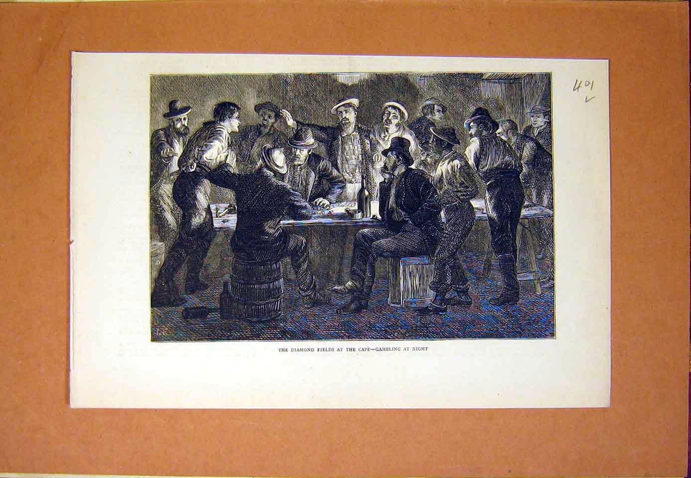 Original Old Antique Print Diamond Fields Cape Gambling Africa 1870 Victorian