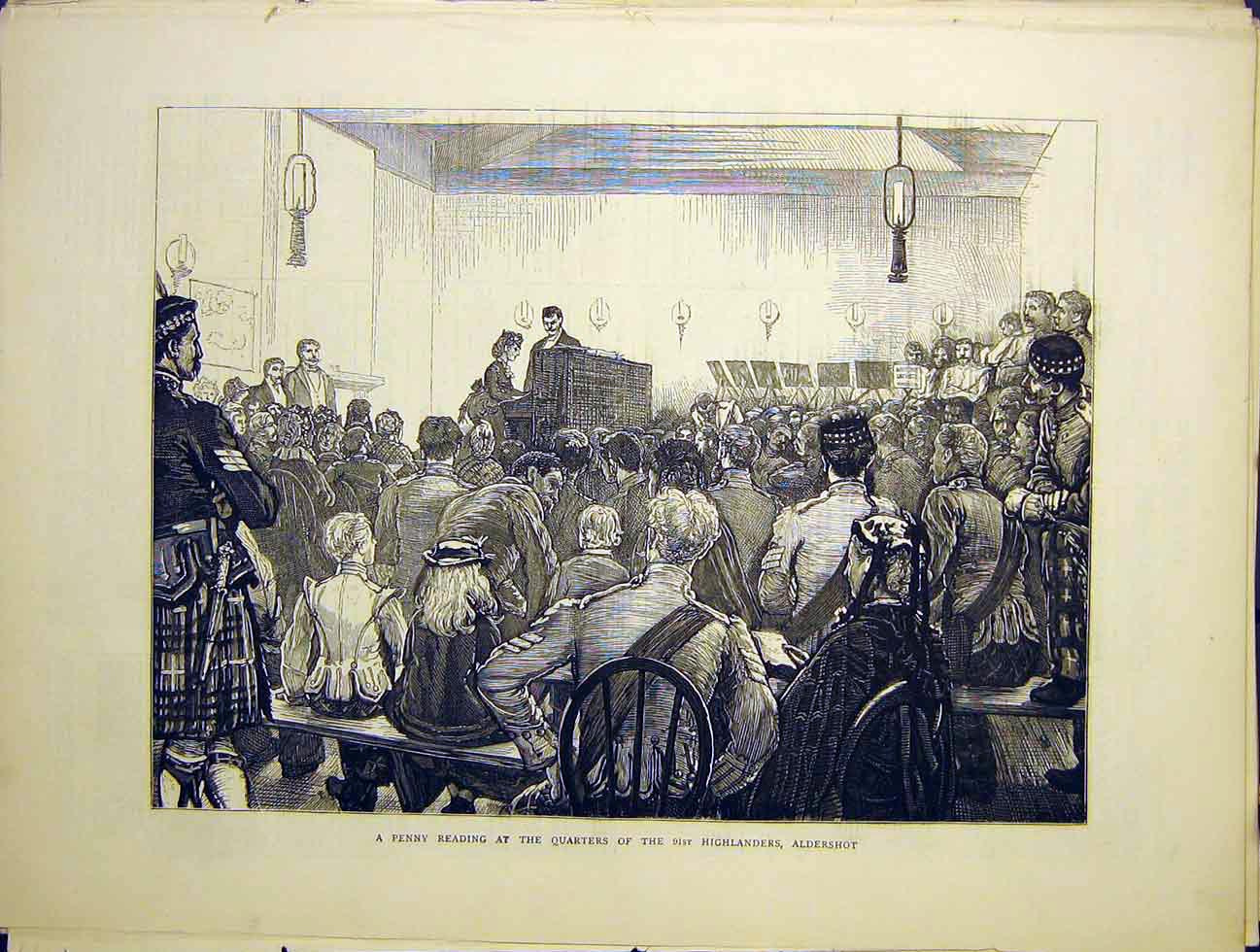 Original Old Antique Print Penny Reading Highlanders Aldershot 1870 Victorian