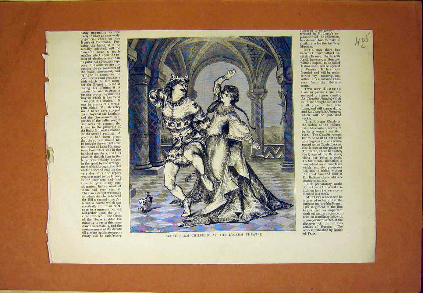 Original Old Antique Print Scene Chilperic Lyceum Theatre 1870 19th