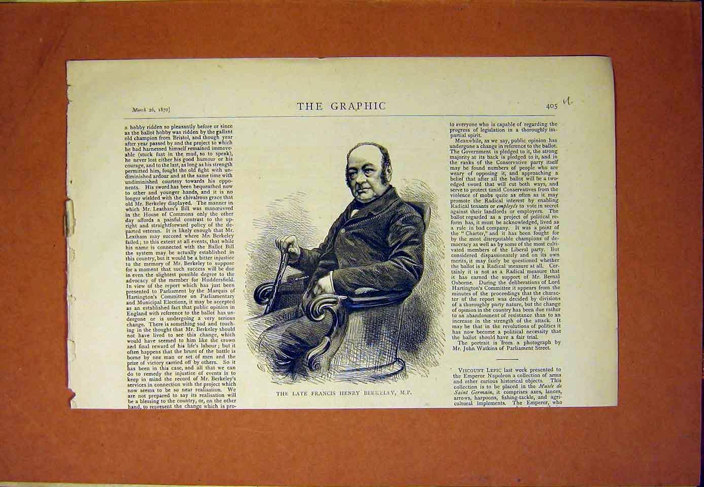 Old Antique Print Portrait Francis Henry Berkeley Member Parliament 1870 19th