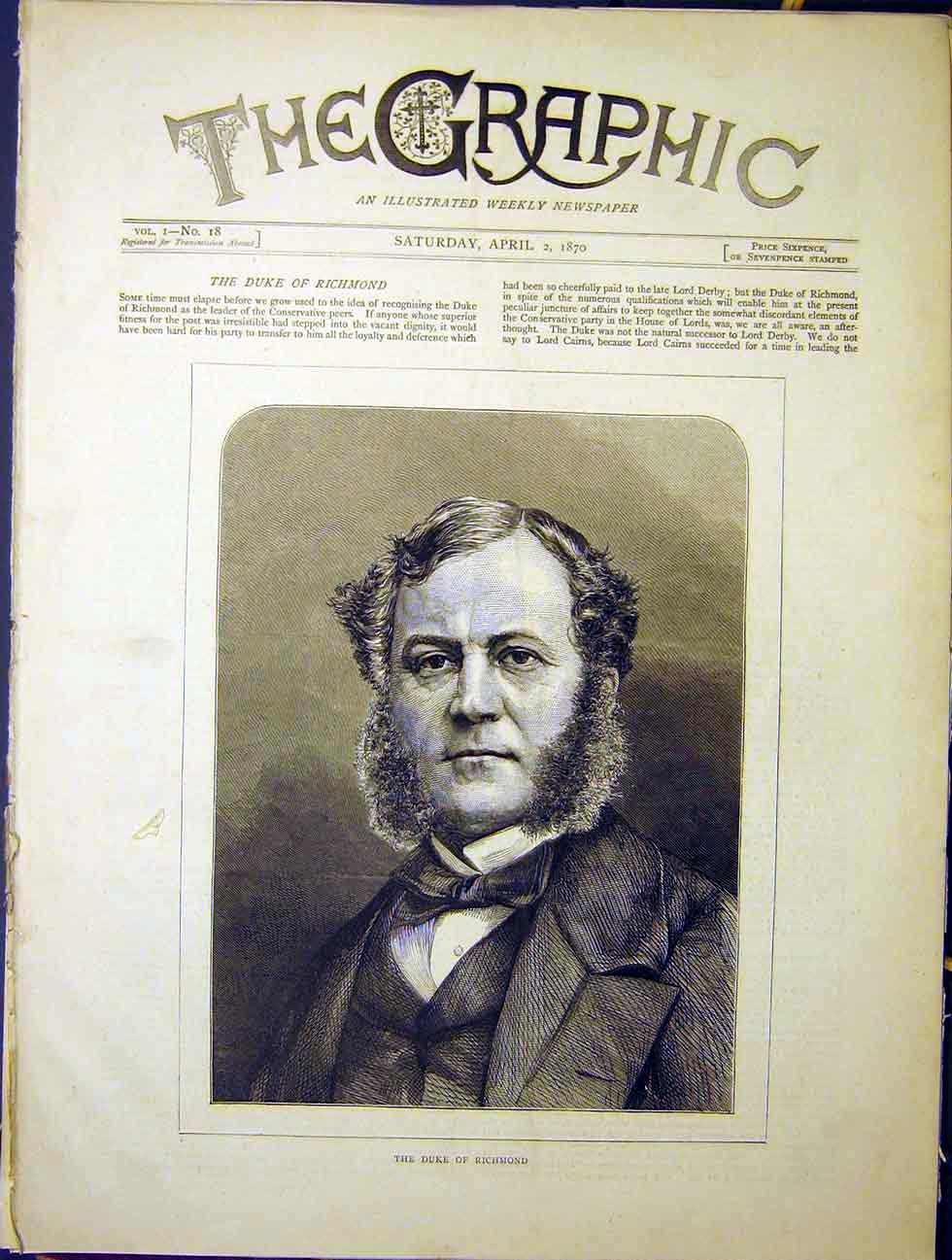 Original Old Antique Print Portrait Duke Richmond Conservative 1870 Victorian