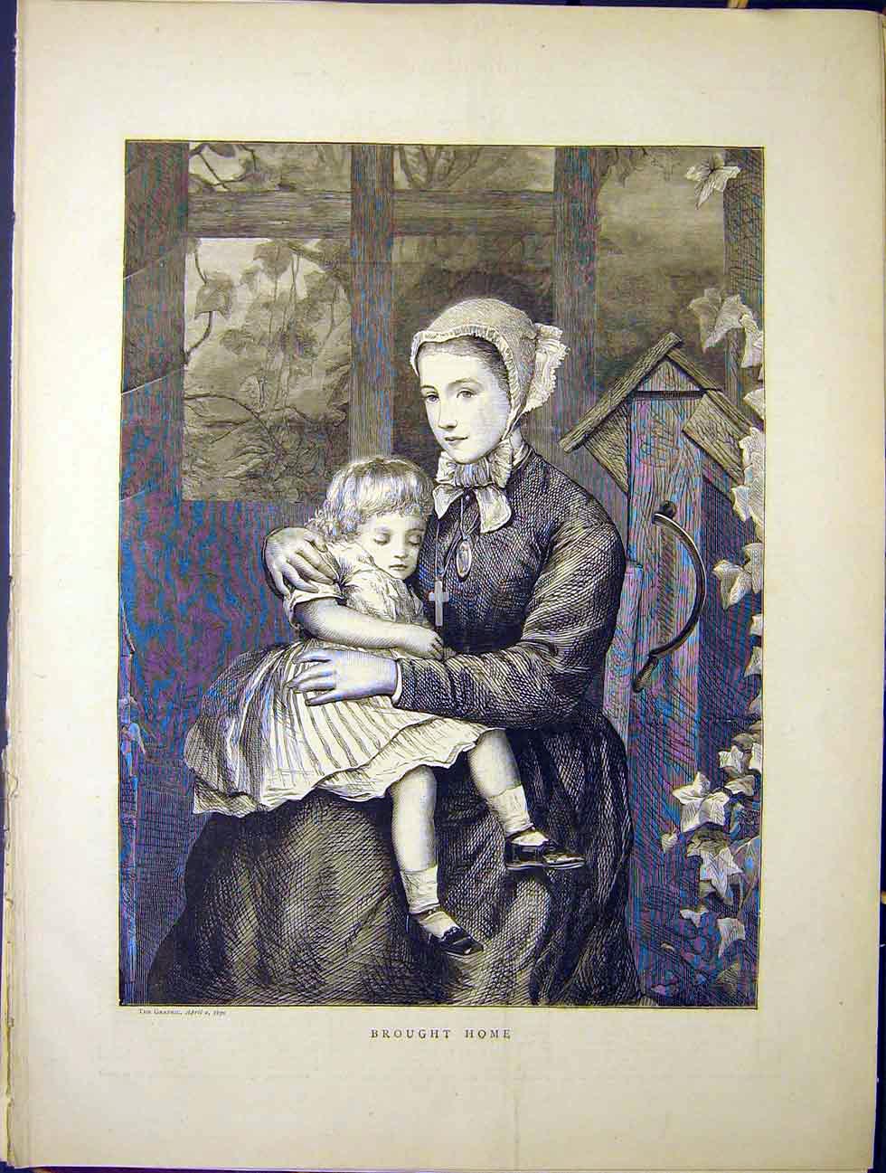 Original Old Antique Print Brought Home Child Baby Lady Portrait 1870 Victorian