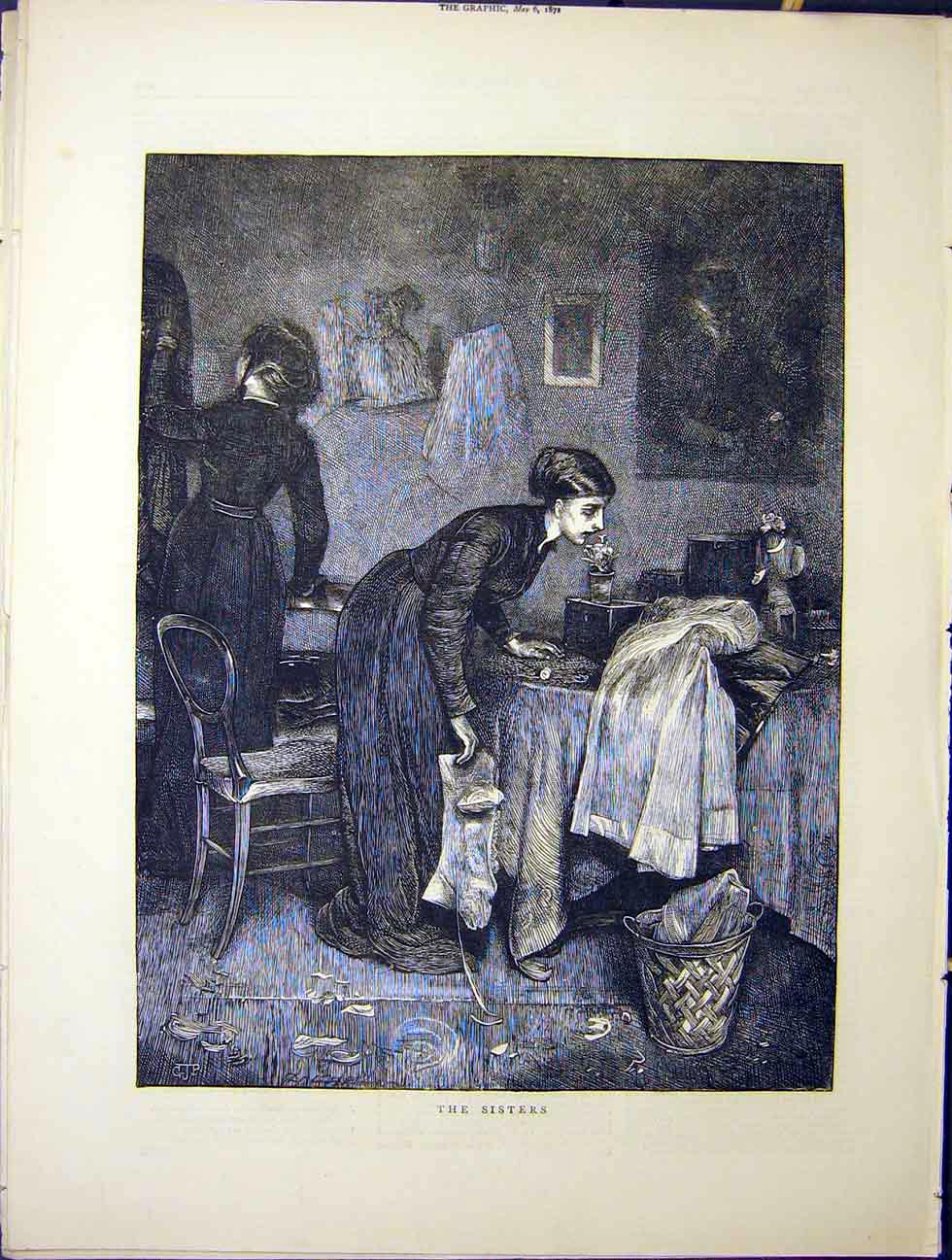 Original Old Antique Print Sisters Ladies Home Fine Art 1870 19th