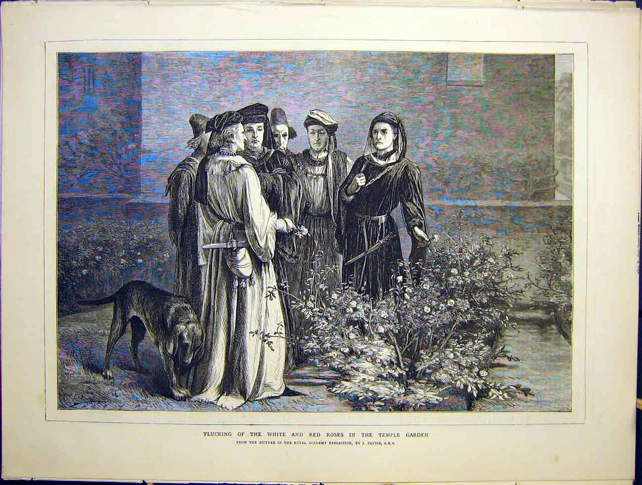 Original Old Antique Print White Red Roses Temple Garden Pettie Fine Art 1870