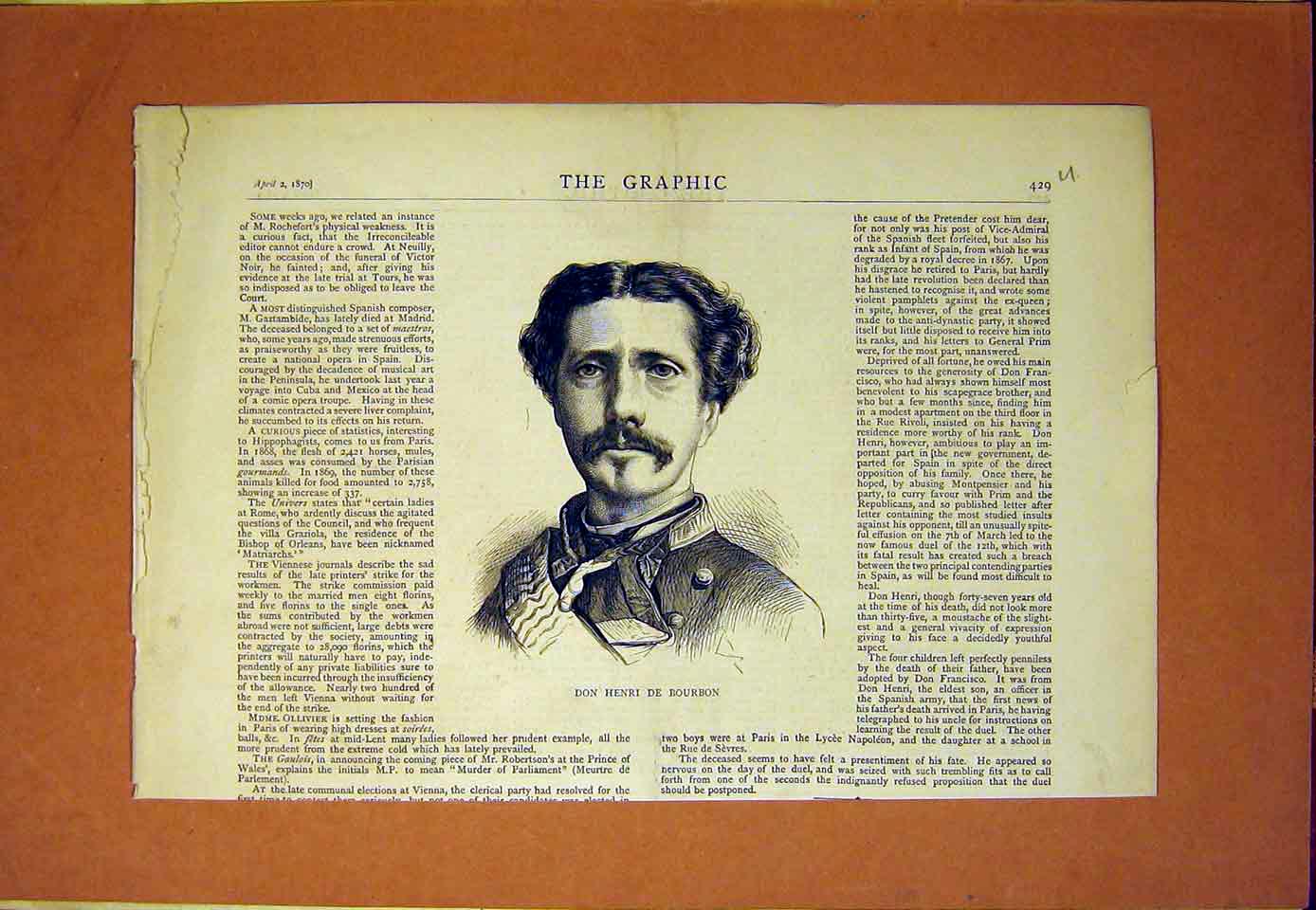 Original Old Antique Print Portrait Don Henri De Bourbon 1870 19th