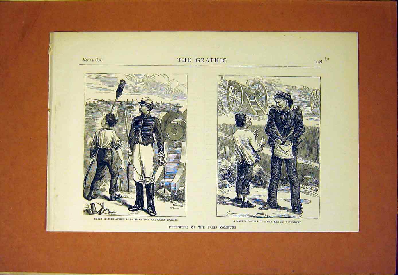 Original Old Antique Print Paris Commune Horse Sier Marine Captain 1870 19th