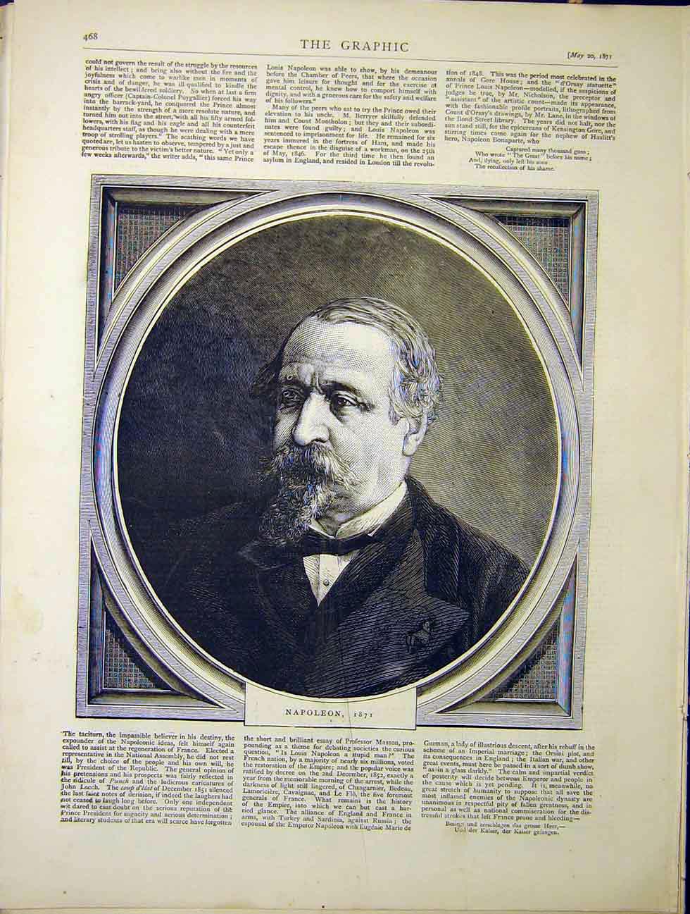 Original Old Antique Print Napoleon 1871 Portrait 1870 Fine Art 19th