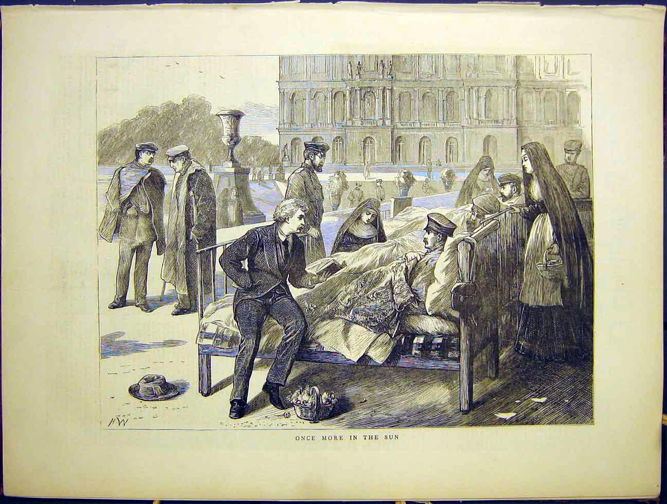 Original Old Antique Print Patients Sun Hospital Nurse Invalids 1870 Victorian