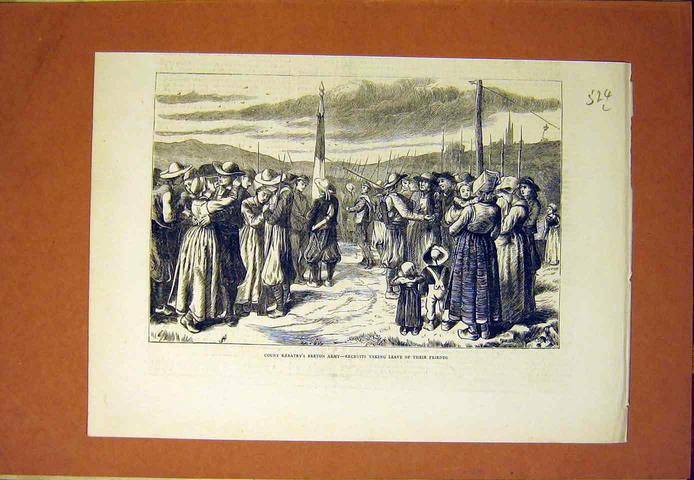 Original Old Antique Print Count Keratry Breton Army Recruits Farewell 1870