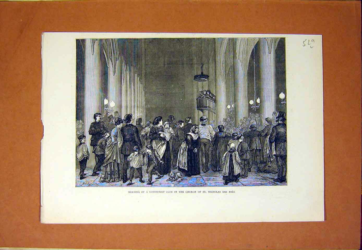 Old Antique Print Communist Club Meeting Church St Nicolas Des Pres 1870 19th