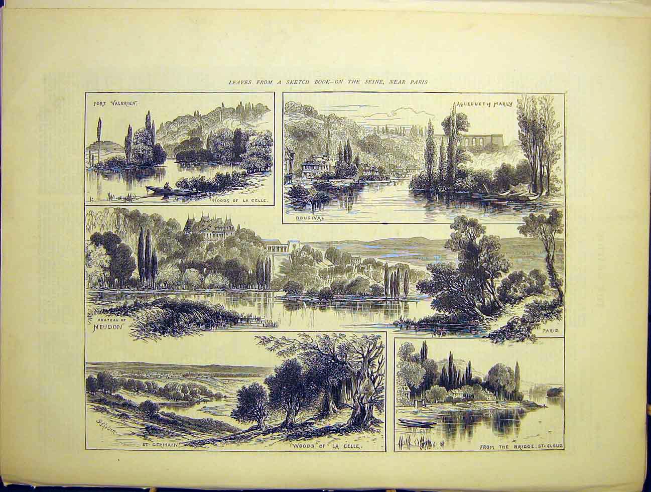 Original Old Antique Print Sketches Seine River Paris France Meudon Germain 1870