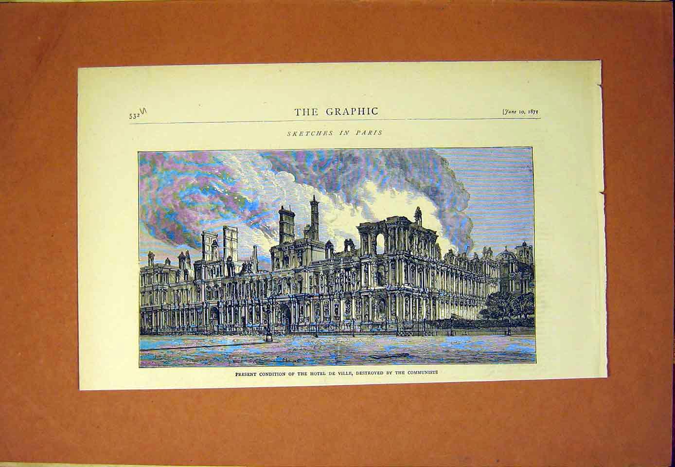 Original Old Antique Print Hotel De Ville Communists Paris France 1870 19th