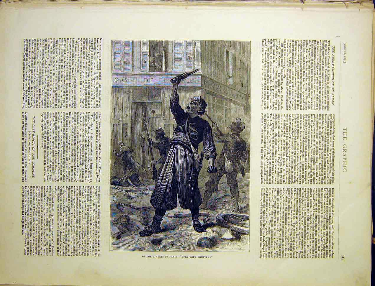 Original Old Antique Print Streets Paris France Shutters Commune 1870 Victorian