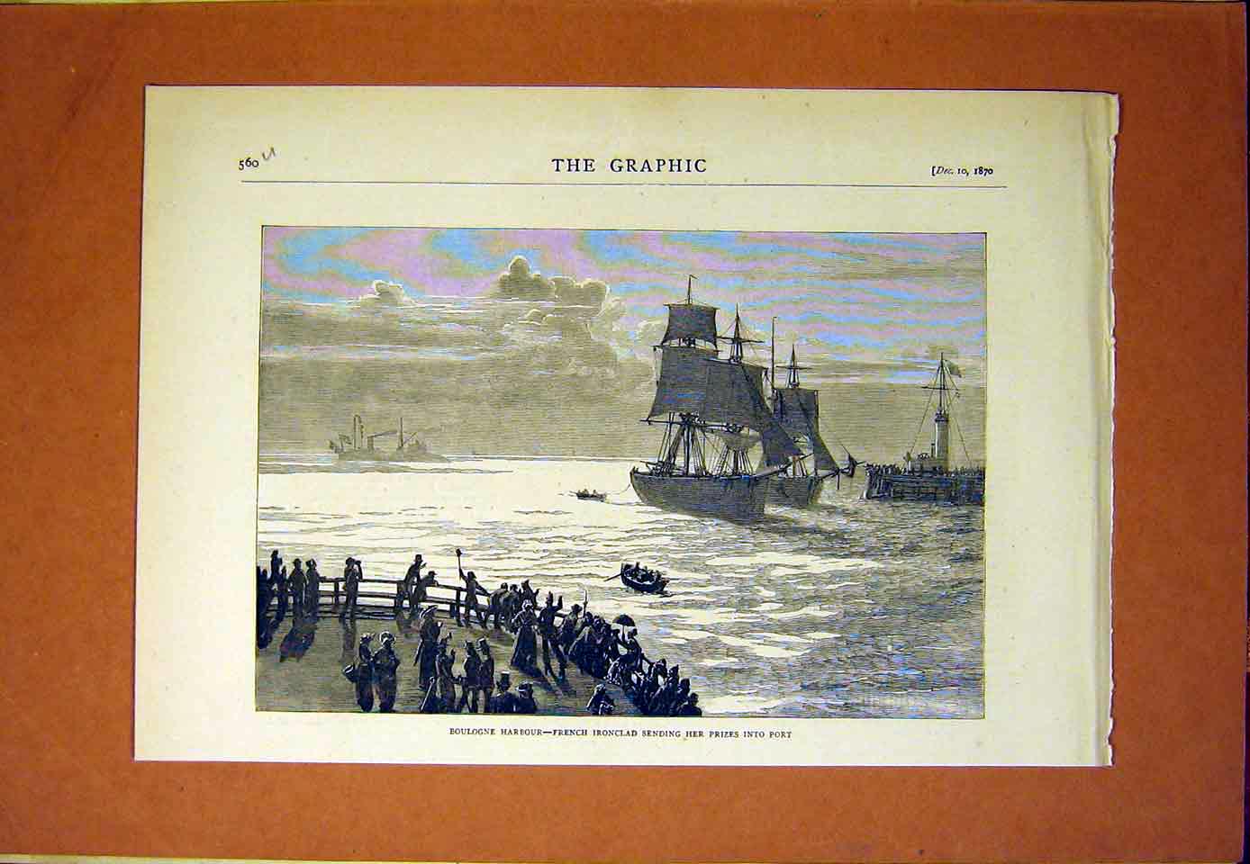 Original Old Antique Print Boulogne Harbour French Ironclad Port 1870 Victorian