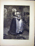 Original Old Antique Print Home Again Lady Girl 1870 Fine Art 19th