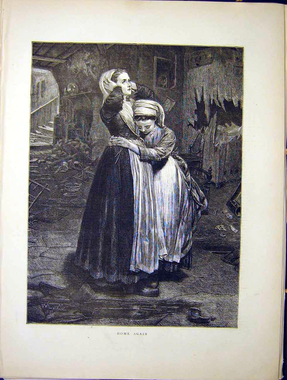 Original Old Antique Print Home Again Lady Girl 1870 Fine Art 19th