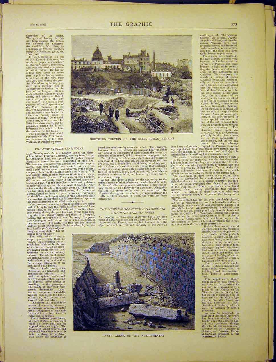 Old Antique Print Gallo-Roman Remains Ruins Amphitheatre Paris Arena 1870 19th