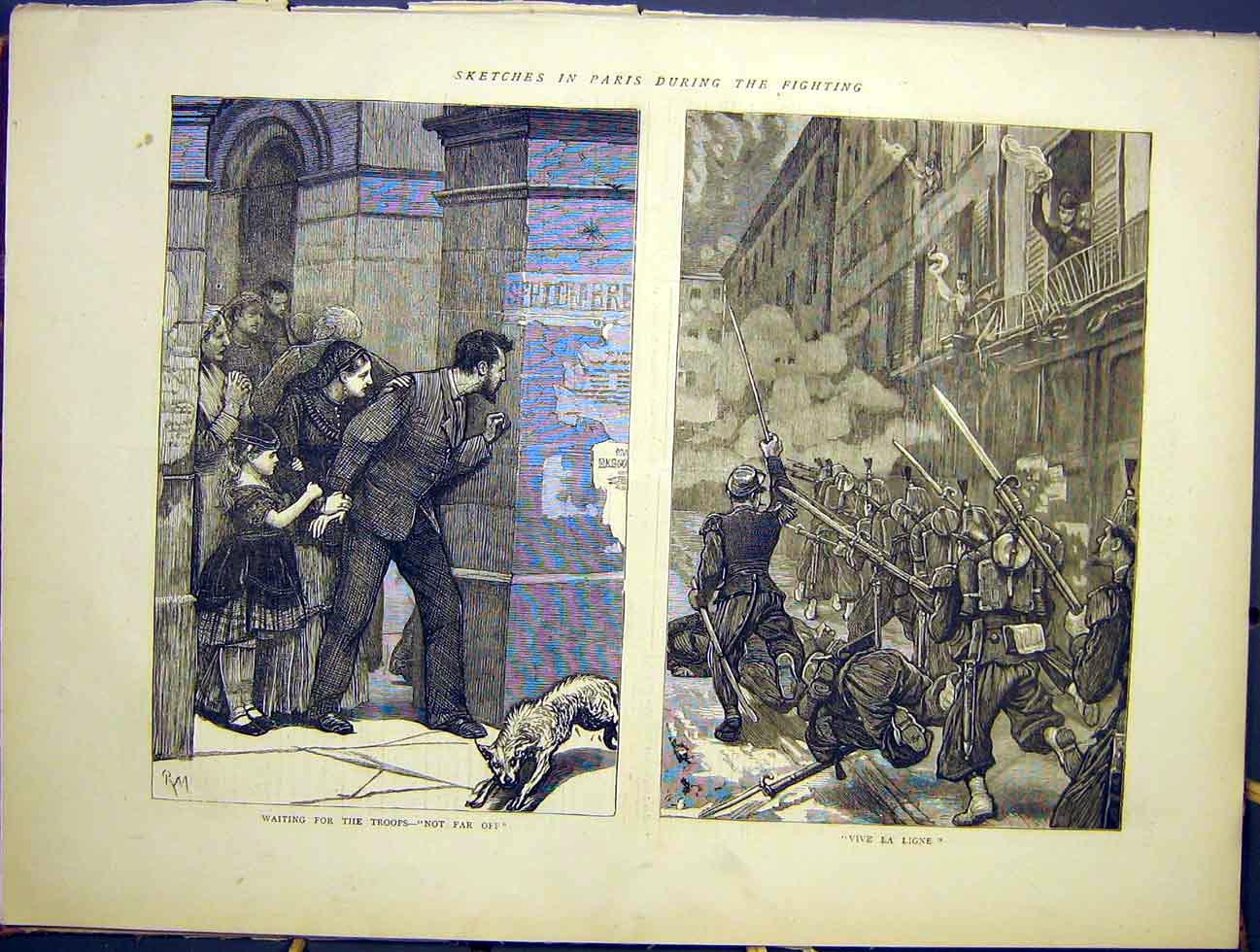 Original Old Antique Print Sketches Paris Fighting Troops Vive La Ligne 1870