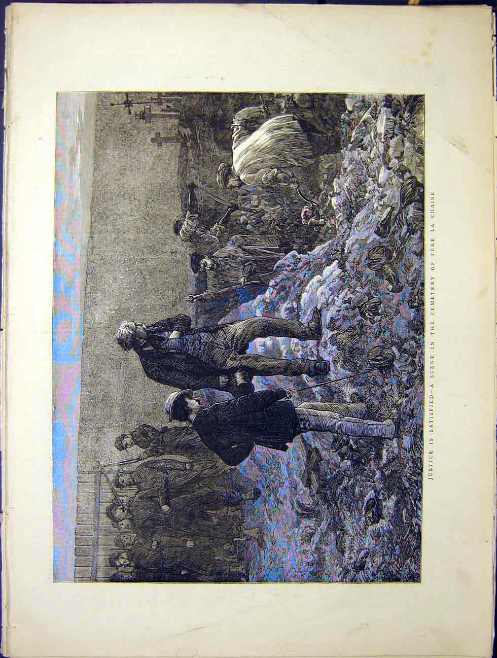 Original Old Antique Print Scene Cemetery Pere La Chaise France Justice 1870
