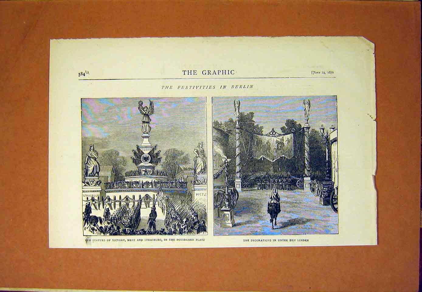 Original Old Antique Print Statue Victory Metx Strasburg Unter Den Linden 1870