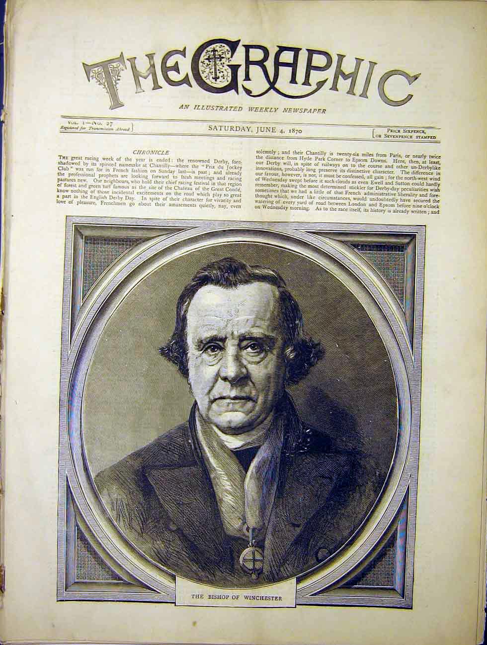 Original Old Antique Print Portrait Bishop Winchester 1870 19th