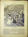 Original Old Antique Print Garden Work June Bedding Gardener 1870 19th