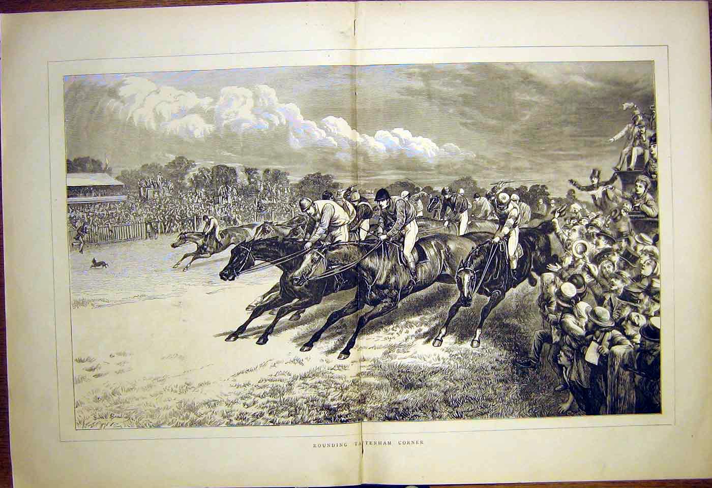 Original Old Antique Print Tattenhan Corner Horse Races Racing 1870 Victorian