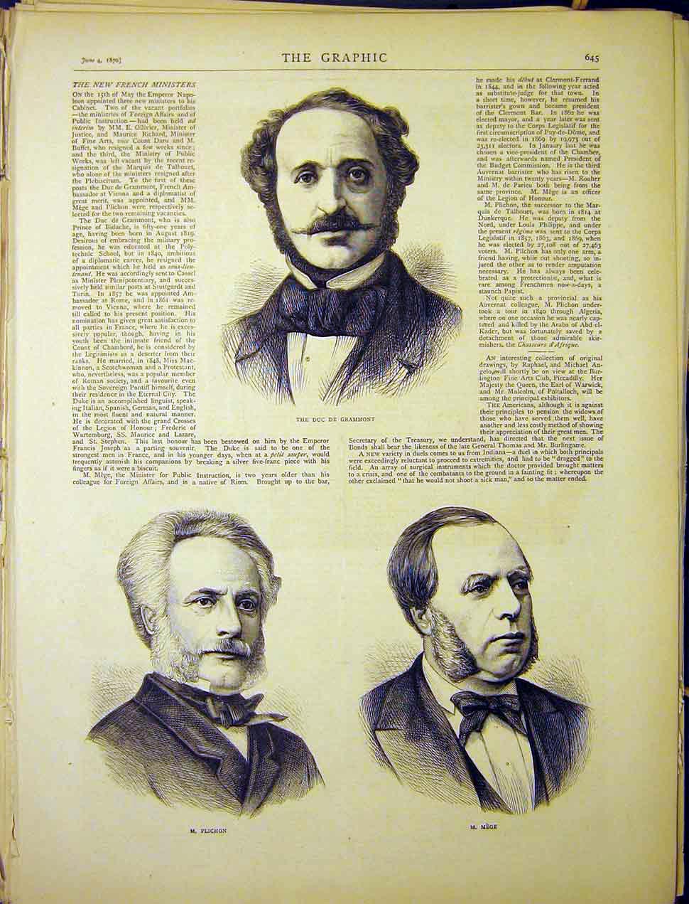 Original Old Antique Print Portrait Grammont Plichin Mege French Ministers 1870