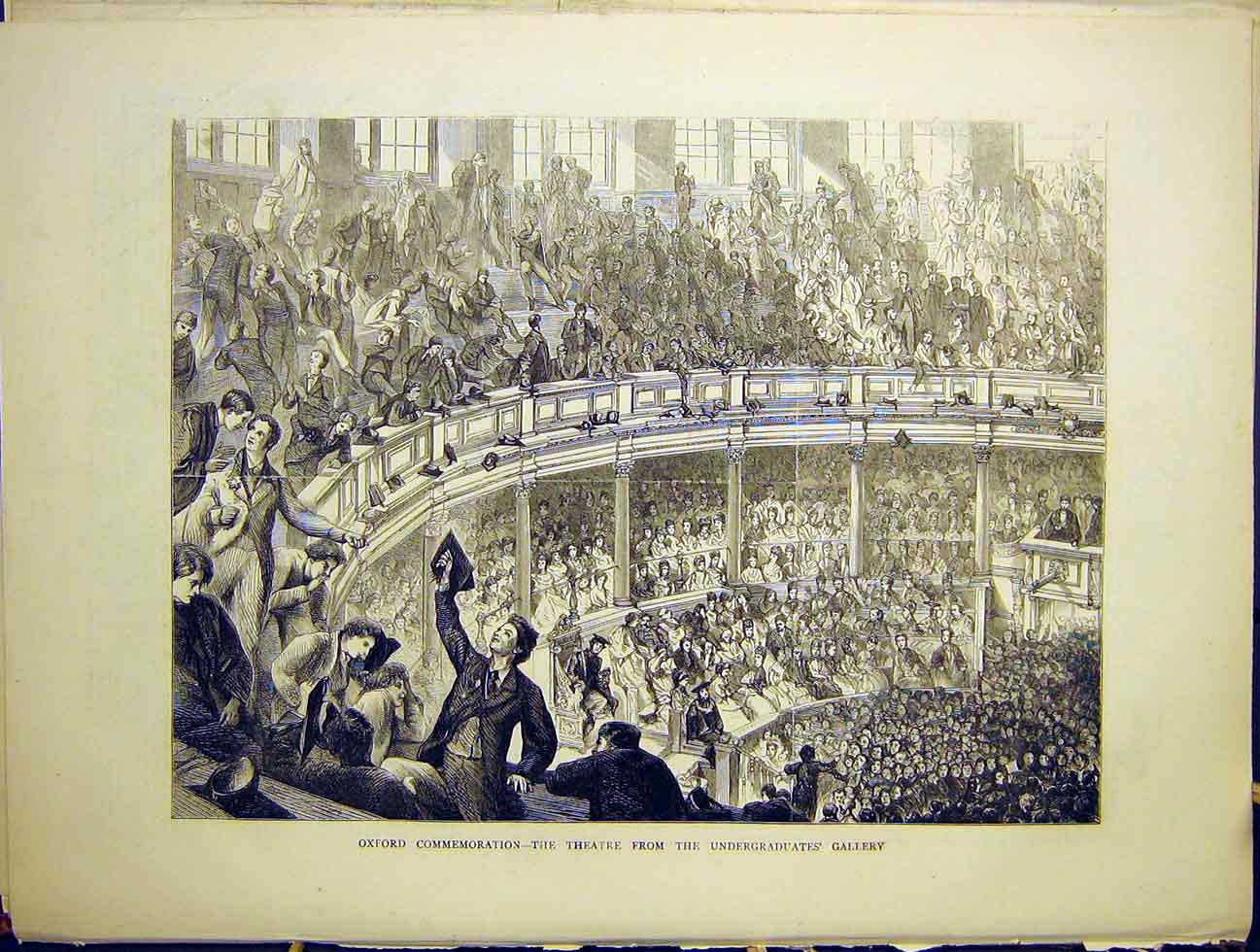 Old Antique Print Oxford Commemoration Theatre Undergraduate Gallery 1870 19th
