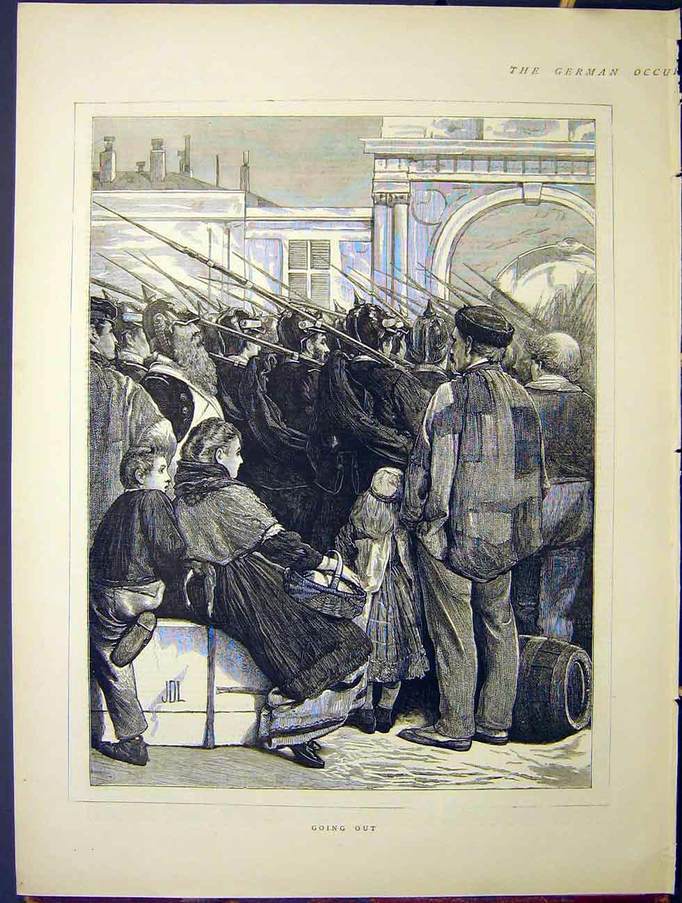 Original Old Antique Print German Occupation Amiens France People Troops 1870
