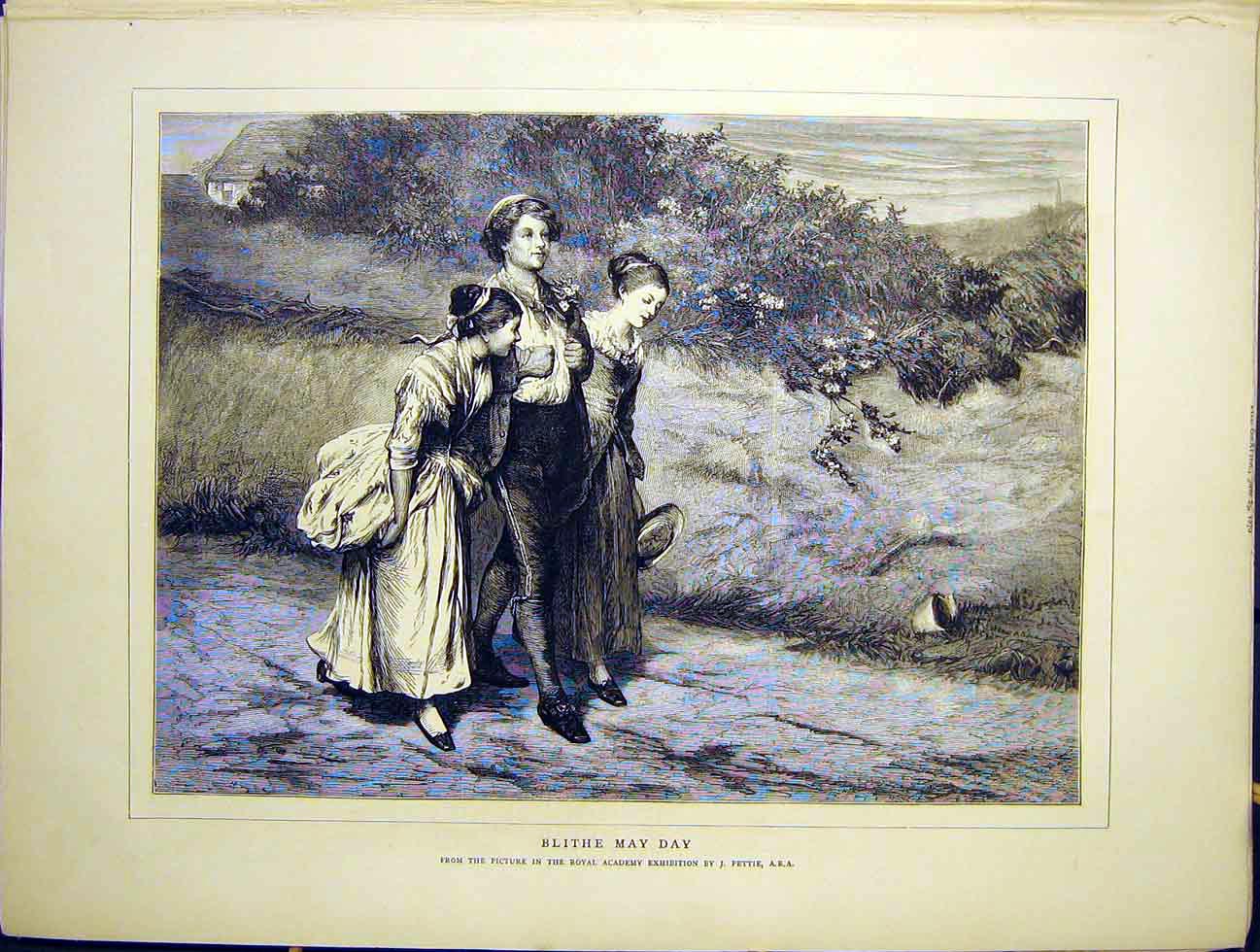 Original Old Antique Print Blithe May Day Pettie Fine Art 1870 Ladies Walk 19th