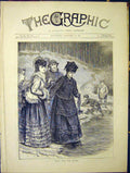 Original Old Antique Print Ice Lady Ladies River Pond Winter 1870 19th