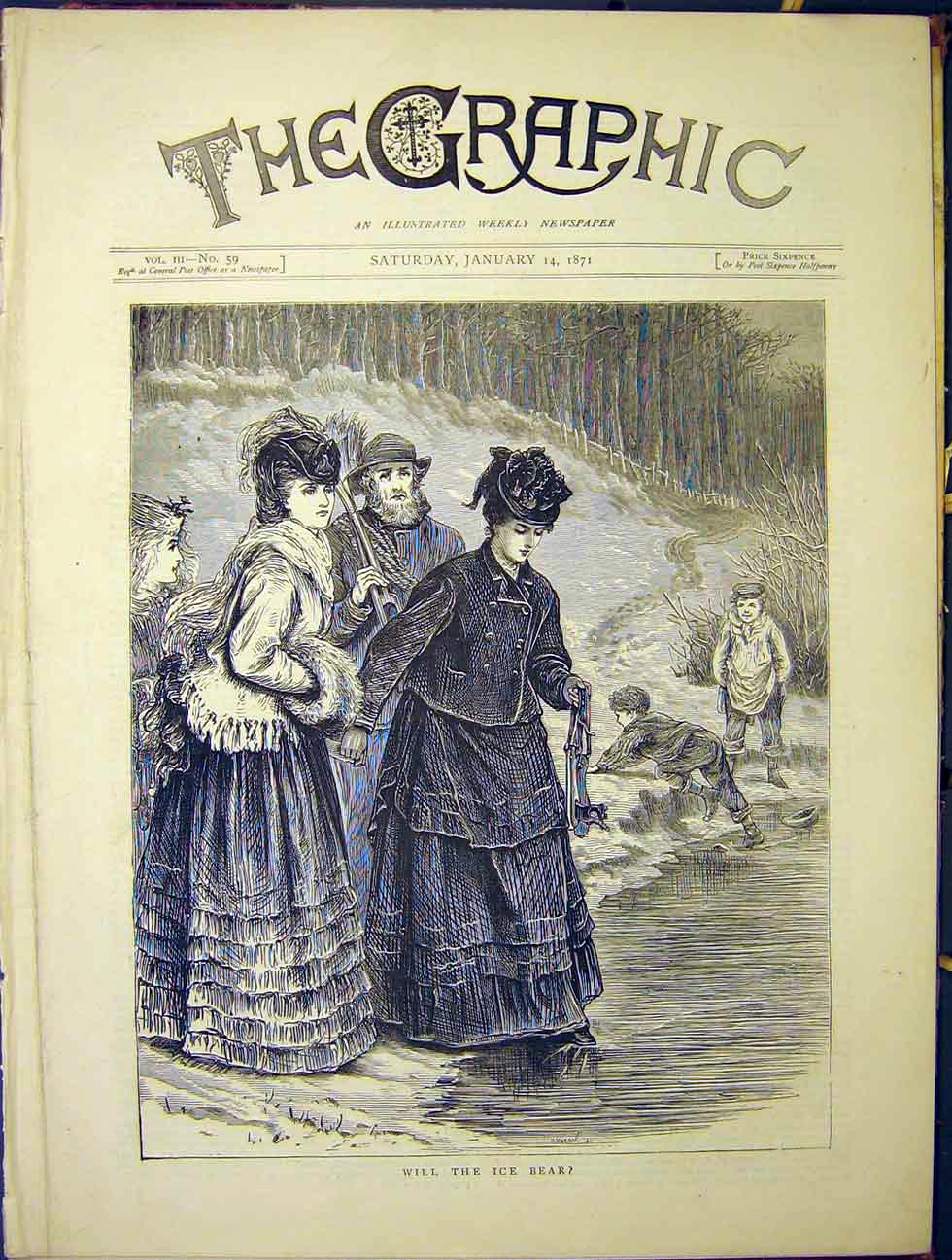 Original Old Antique Print Ice Lady Ladies River Pond Winter 1870 19th