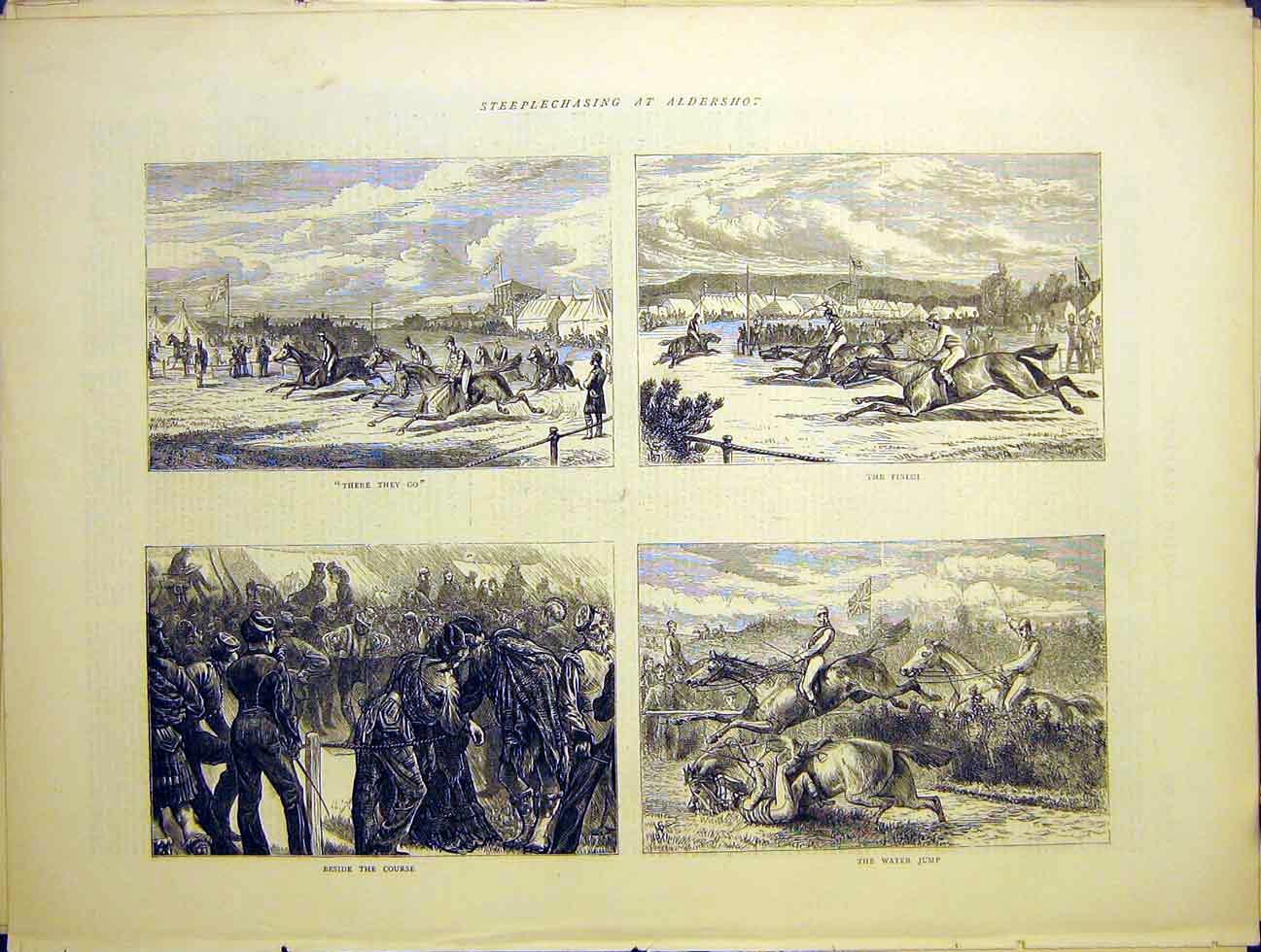 Old Antique Print Steeplechasing Aldershot Course Horses Water Jump 1870 19th