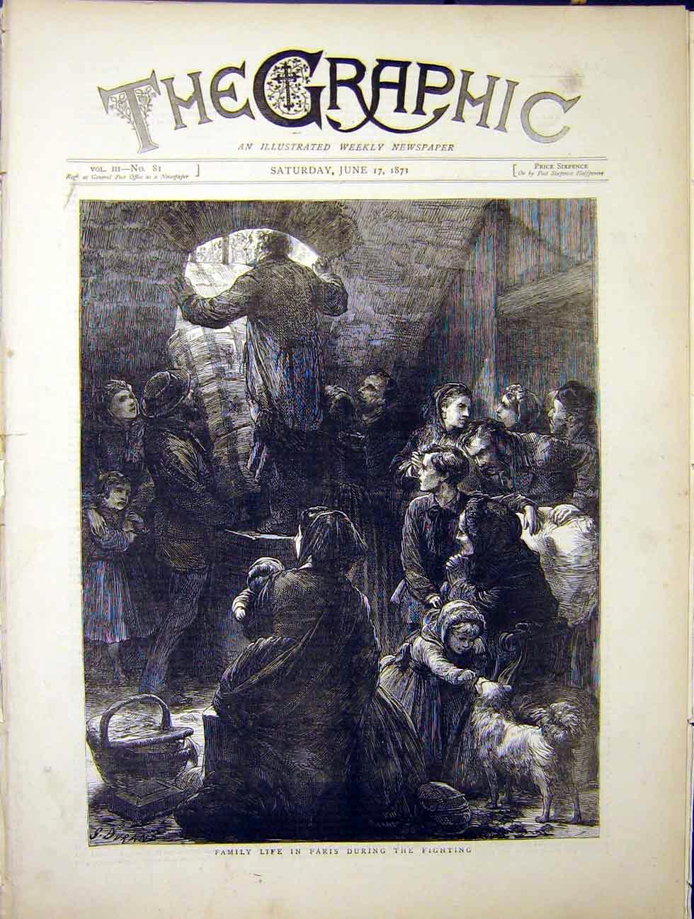 Original Old Antique Print Family Life Paris France Fighting Commune 1870 19th