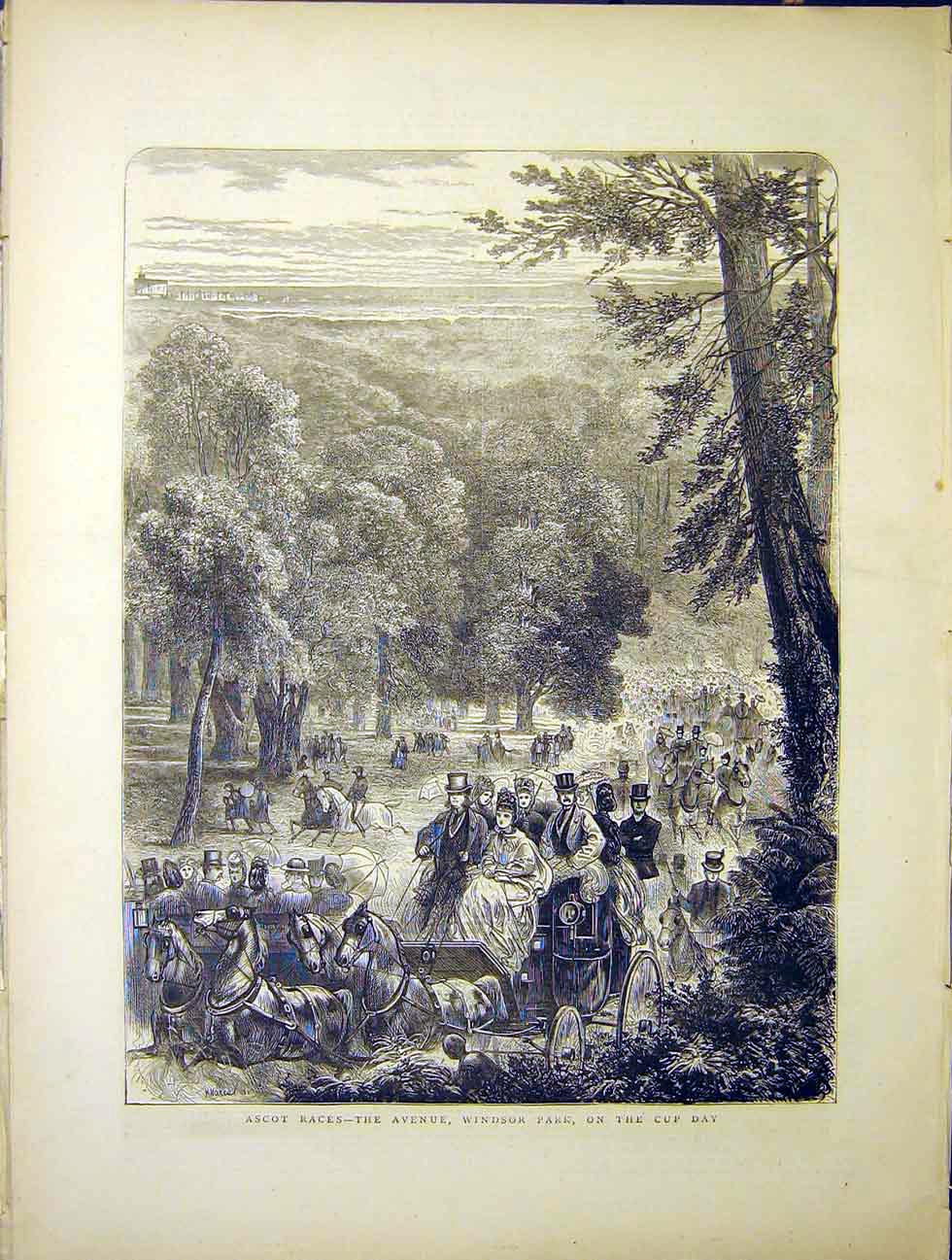 Original Old Antique Print Ascot Races Avenue Windsor Park Cup Horse 1870 19th