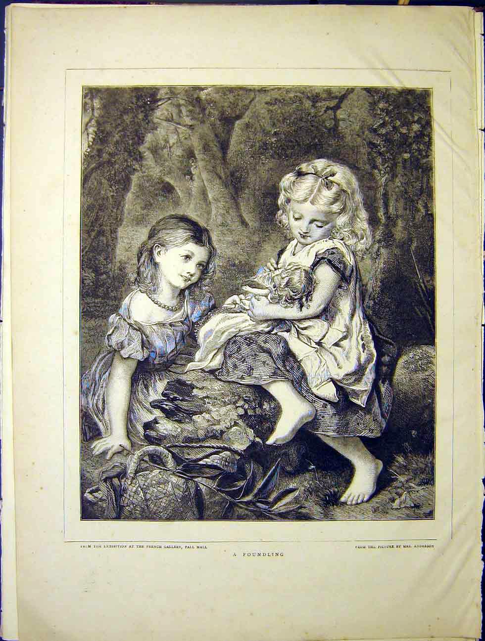Original Old Antique Print Foundling Orphan Baby Children Anderson Fine Art 1870