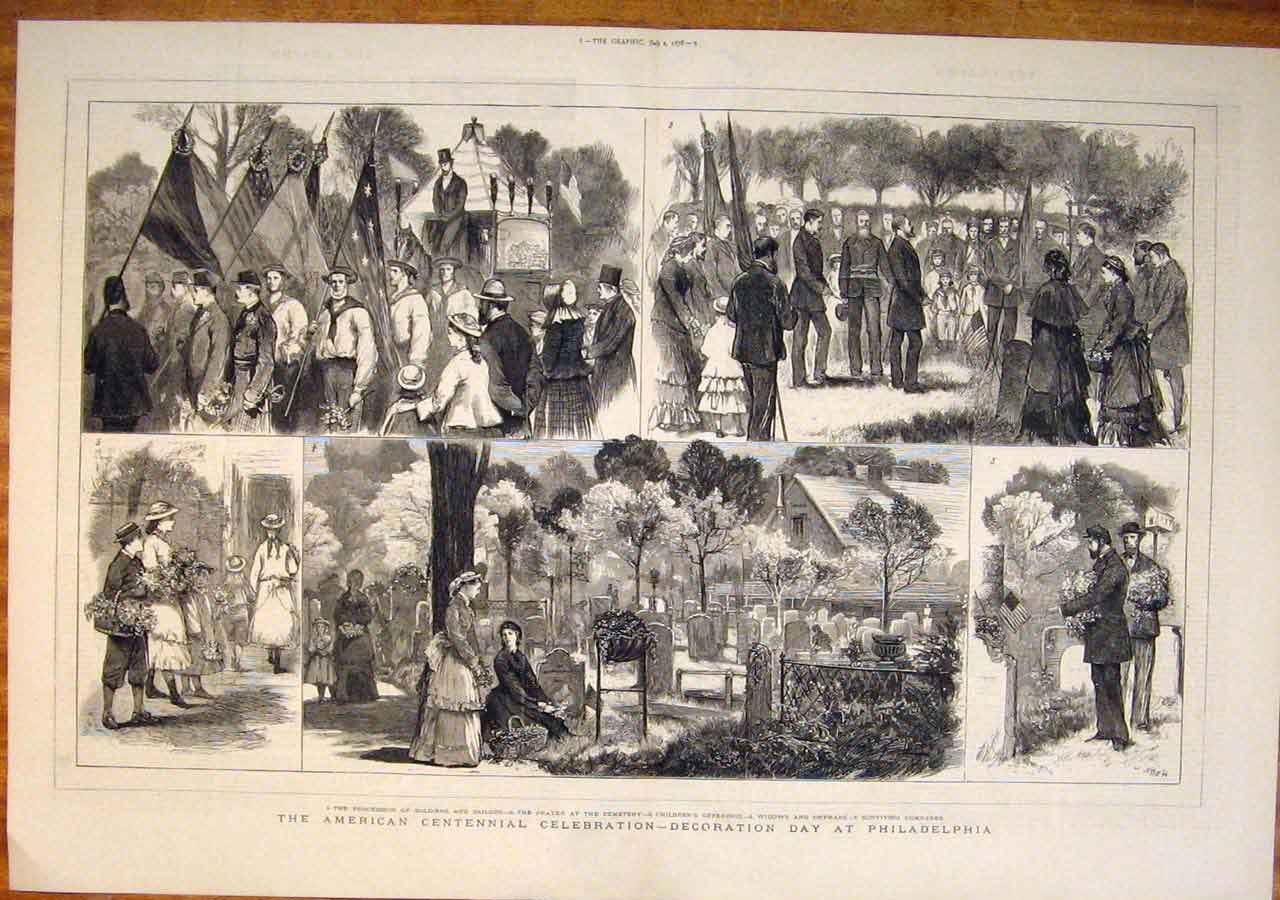 Original Old Antique Print American Centennial Celebration Philadelphia 1876
