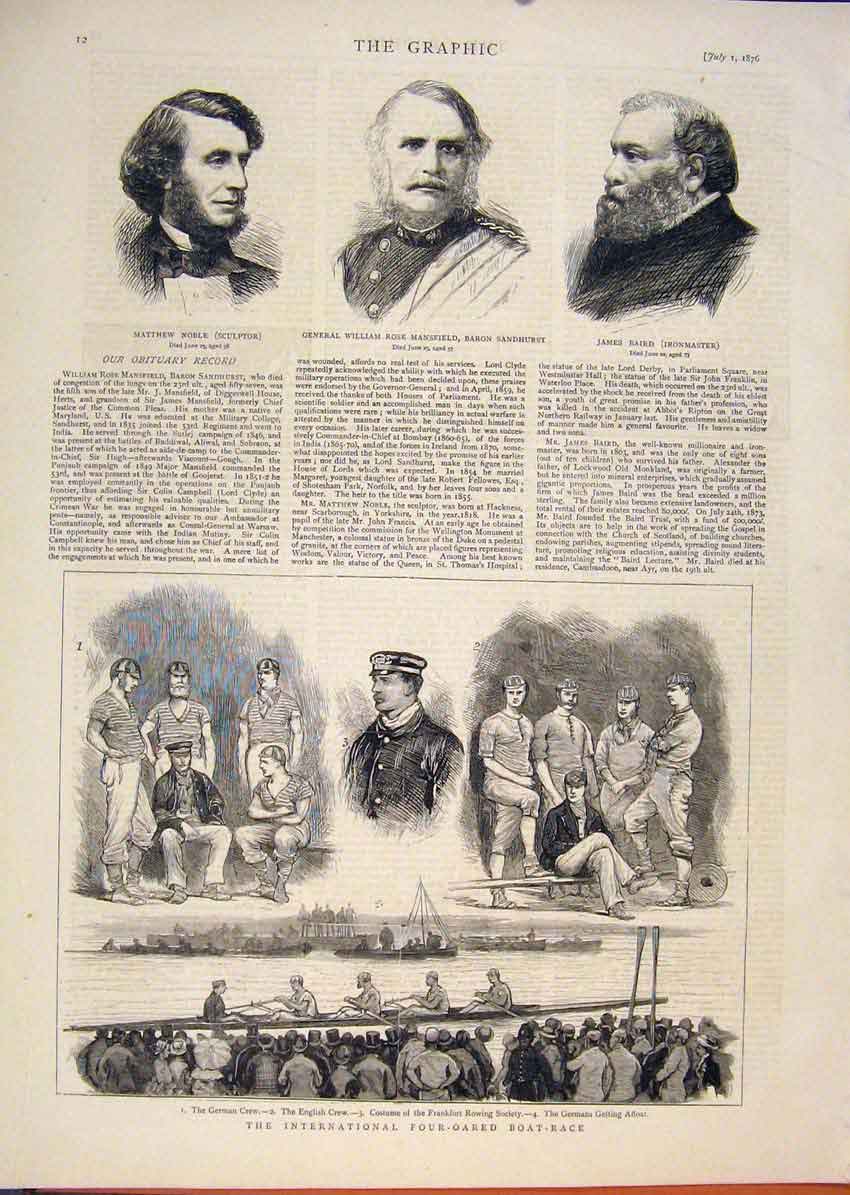 Old Antique Print Portrait Noble Mansfield Baird Boat Race German English