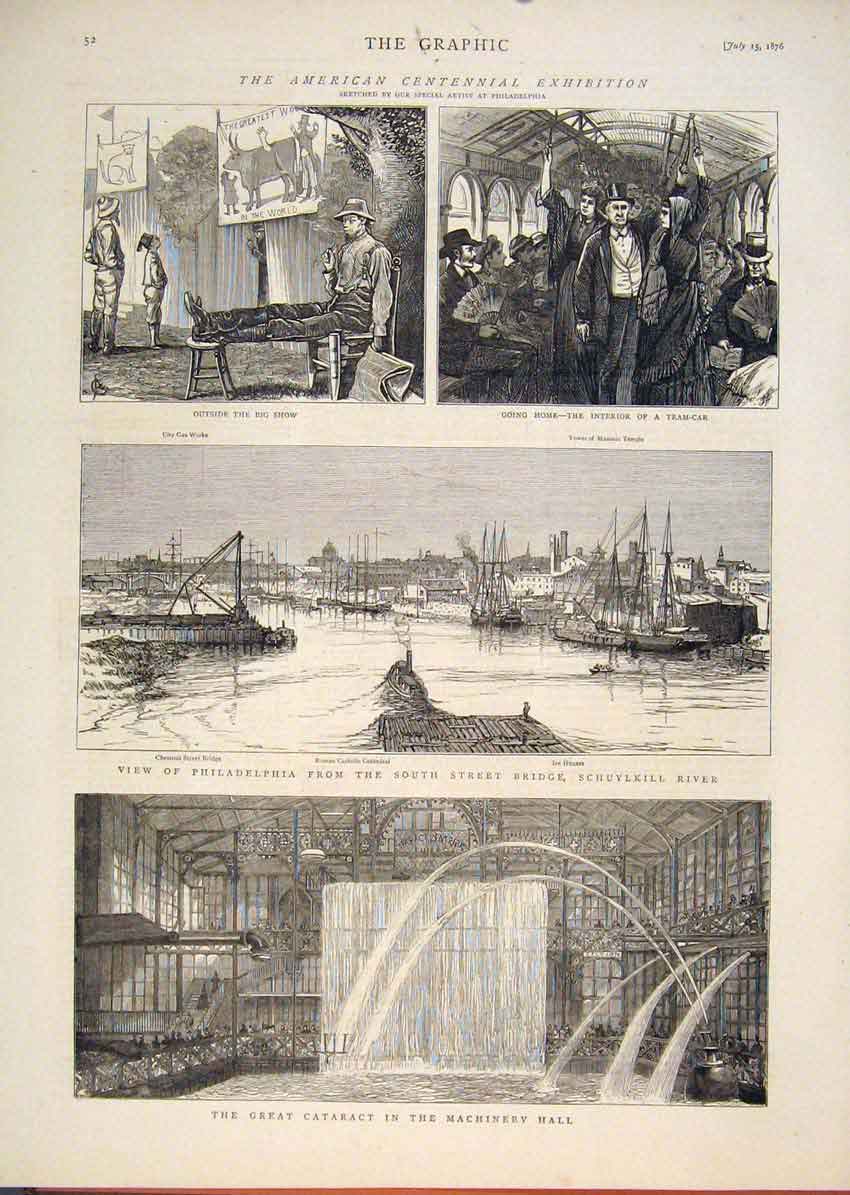 Original Old Antique Print American Centennial Exhibition Schuylkill Machinery