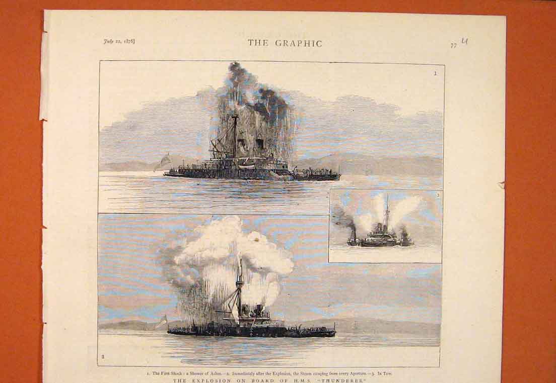 Original Old Antique Print Explosion Hms Thunderer Ship Wreck 1876 Victorian