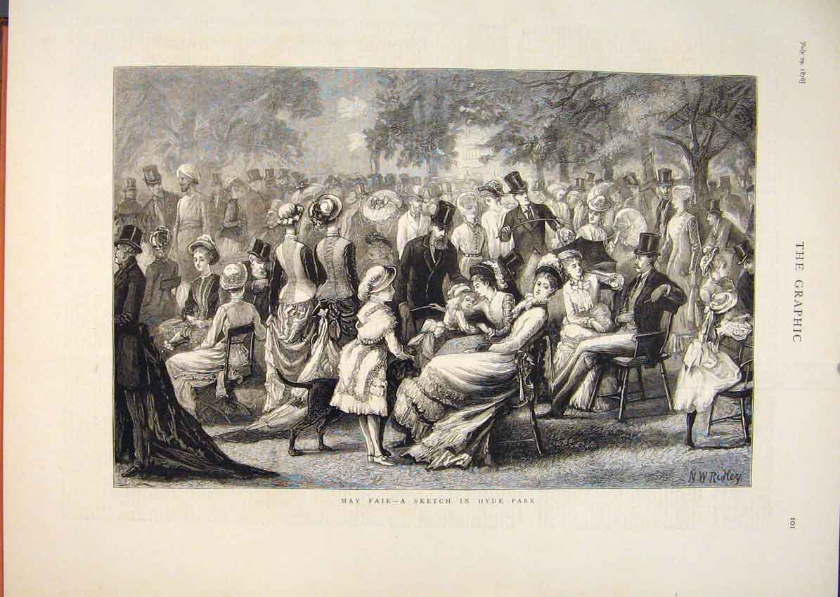 Original Old Antique Print May Fair Sketch Hyde Park London People 1876 19th