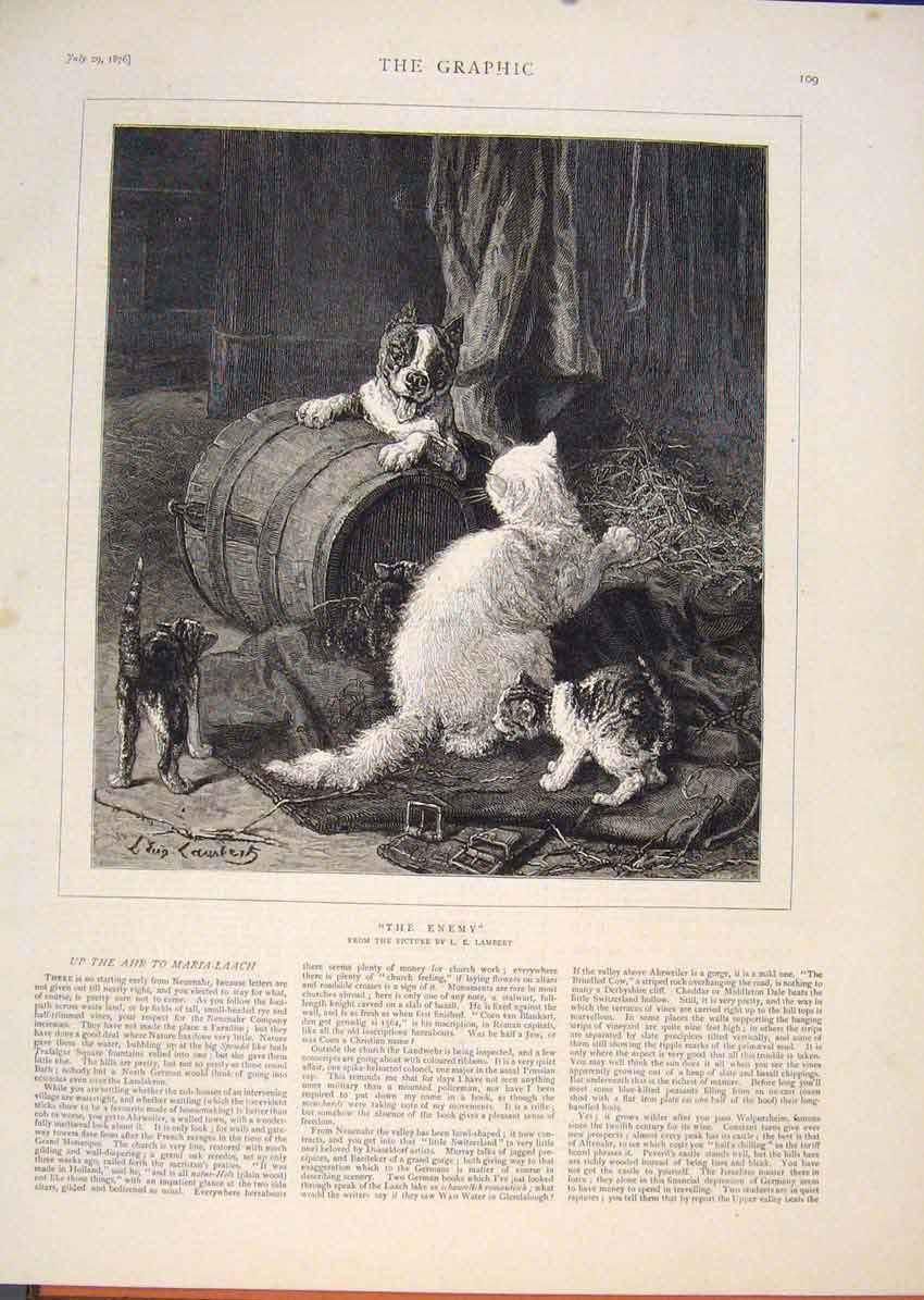Original Old Antique Print Enemy Lambert Dog Cat Kittens Fine Art 1876 Victorian