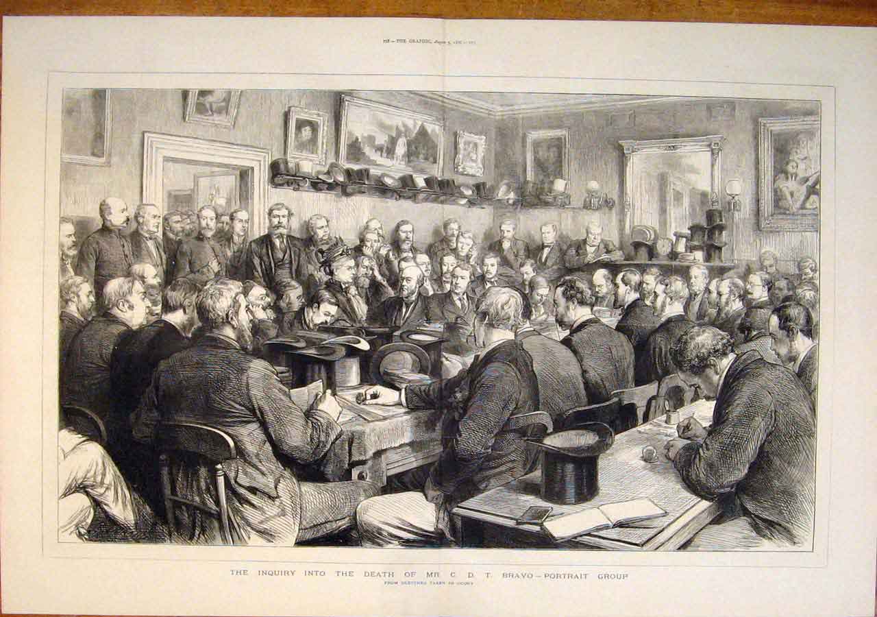 Original Old Antique Print Bravo Portrait Group Sketches Court Inquiry 1876