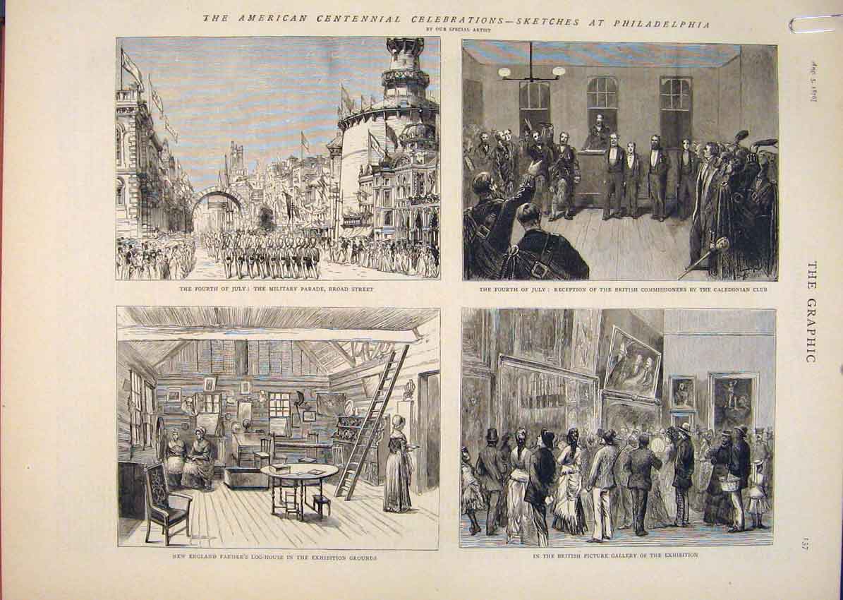 Old Antique Print American Centennial Philadelphia Military Parade 1876 19th