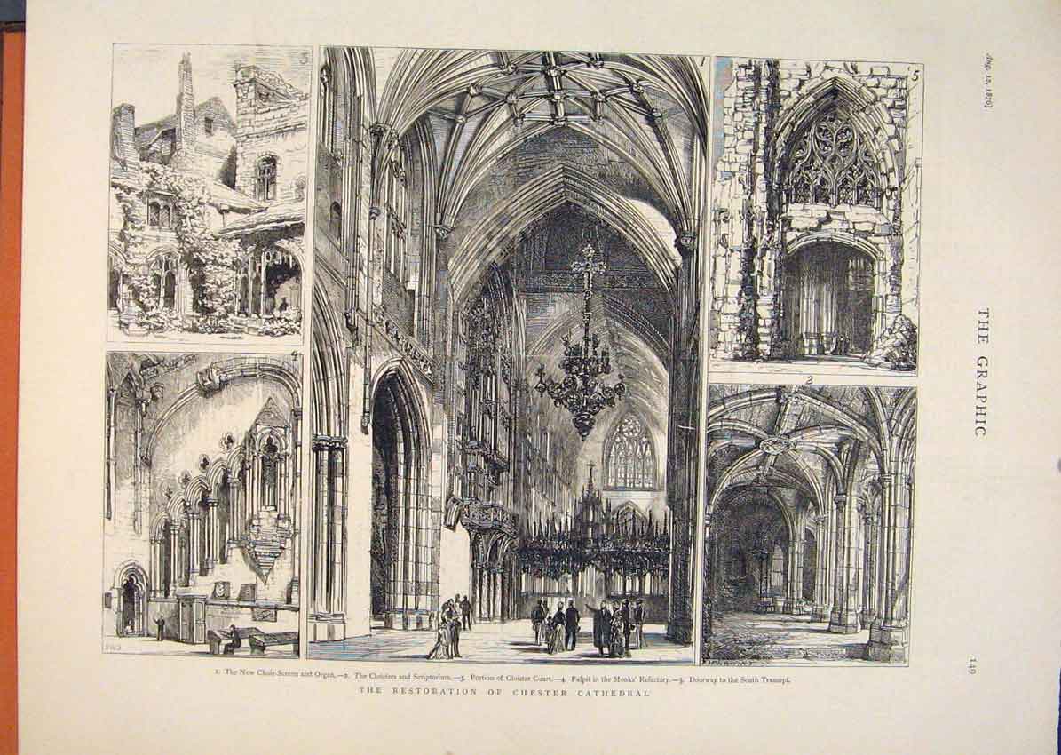 Original Old Antique Print Chester Cathedral Restoration Building Cloister 1876