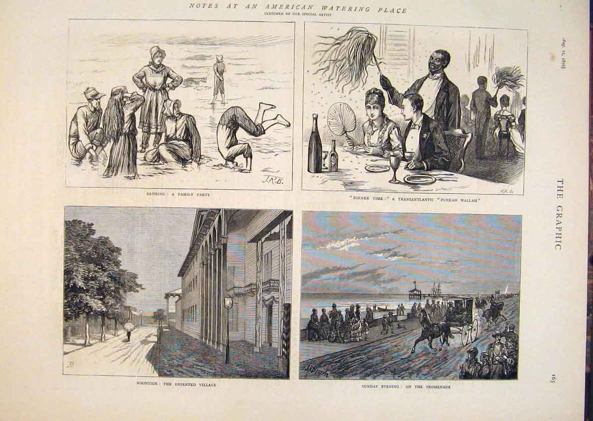 Original Old Antique Print American Watering Place Bathing Promenade 1876 19th