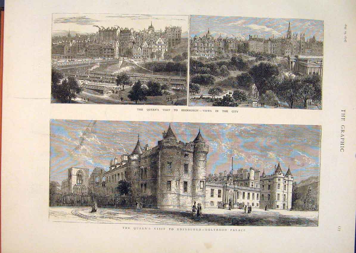 Original Old Antique Print Edinburgh Queen Royal Visit Holyrood Palace City 1876