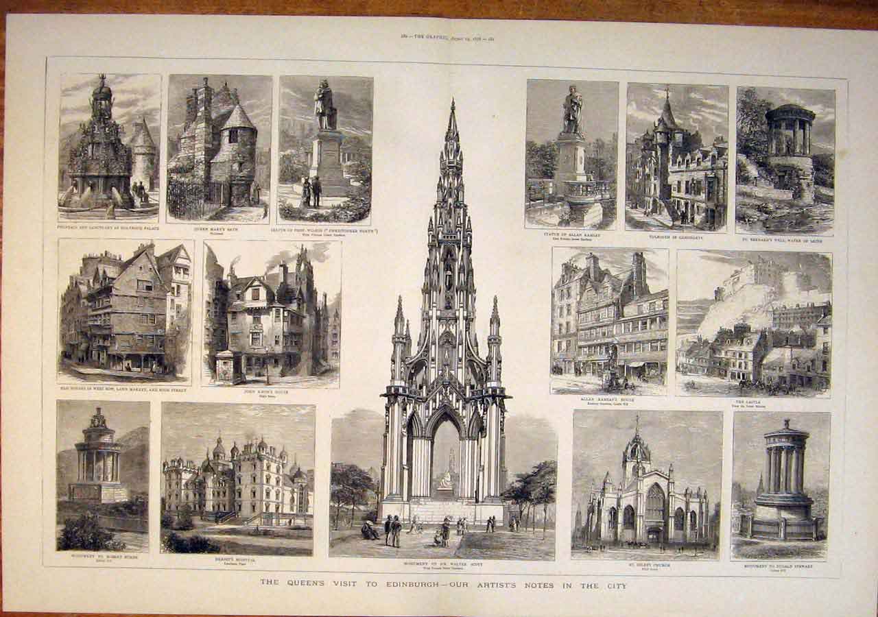 Old Antique Print Edinburgh Queen Visit Church Scott Castle Ramsay Burns