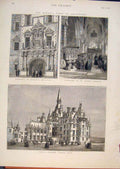 Original Old Antique Print Edinburgh Heriot Hospital Church Fettis College 1876